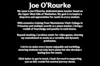 joe o'rourke's name is written on a black background